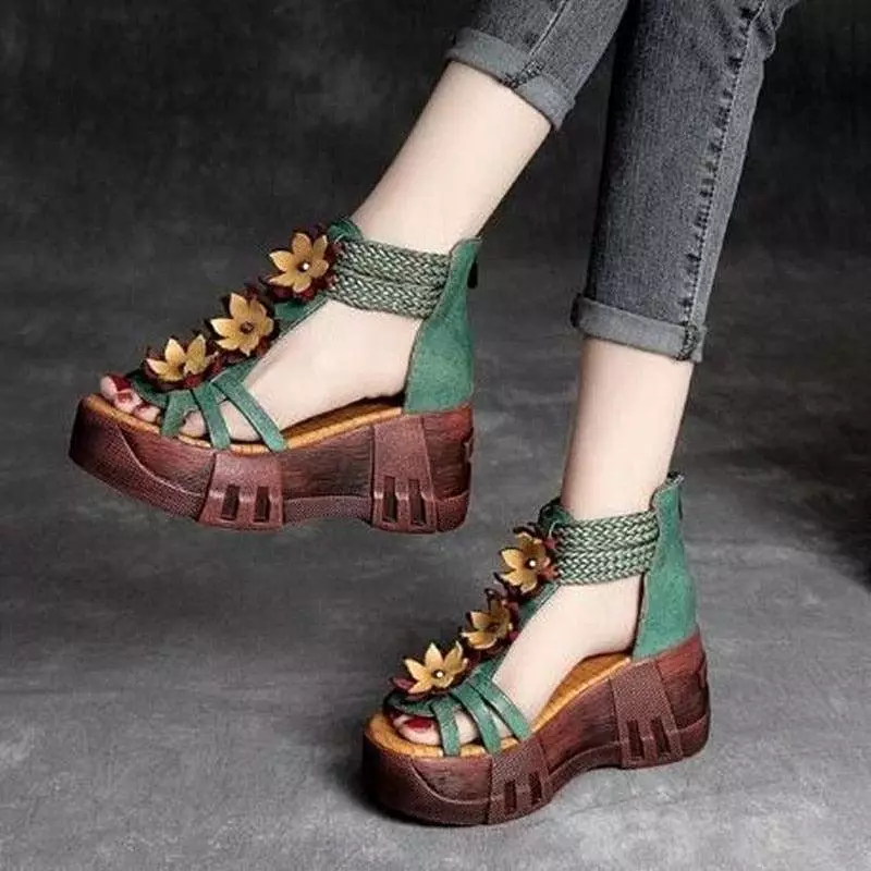 Block Floral Peep Toe Wedge Sandals