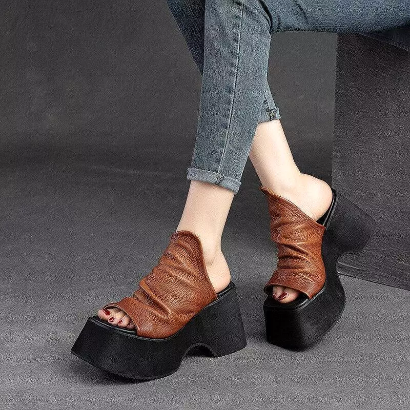 Chunky Heels Leather Wedge Sandals