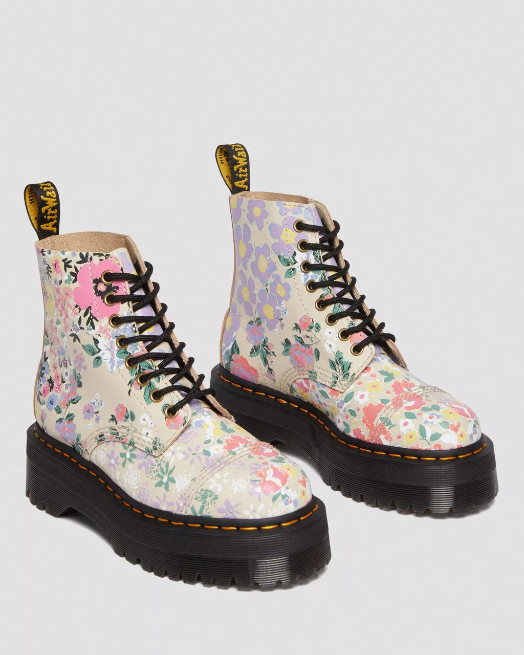 Doc Martens UNISEX SINCLAIR FLORAL MASH UP LEATHER PLATFORM BOOTS (PARCHMENT BEIGE PHANTOM FLORAL SHADOW BACKHAND)