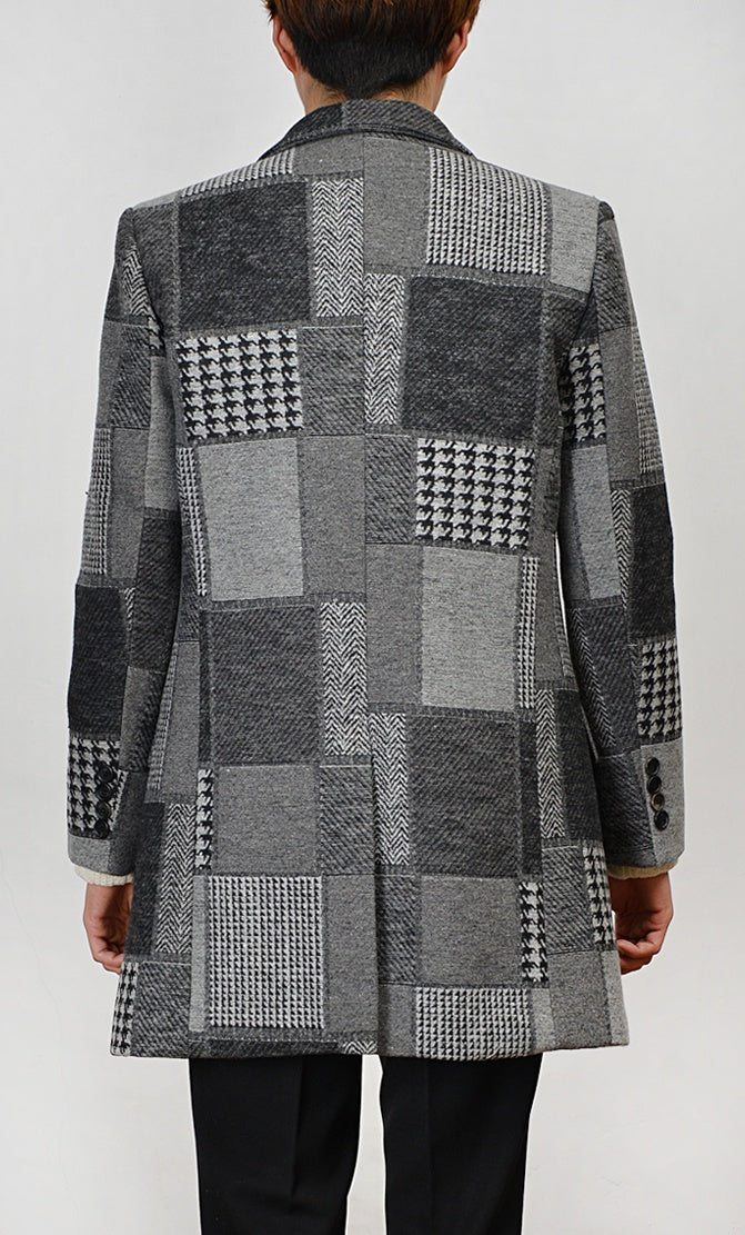 Gray Patchwork Checkered Single Breasted Two Button Wool Blend Coats