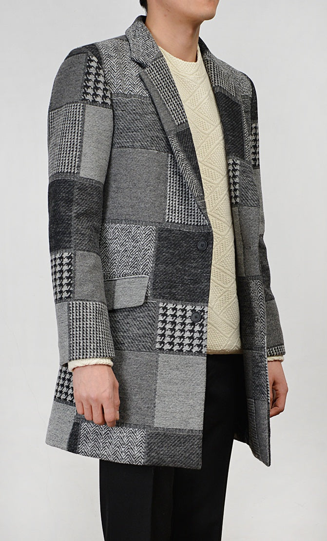 Gray Patchwork Checkered Single Breasted Two Button Wool Blend Coats