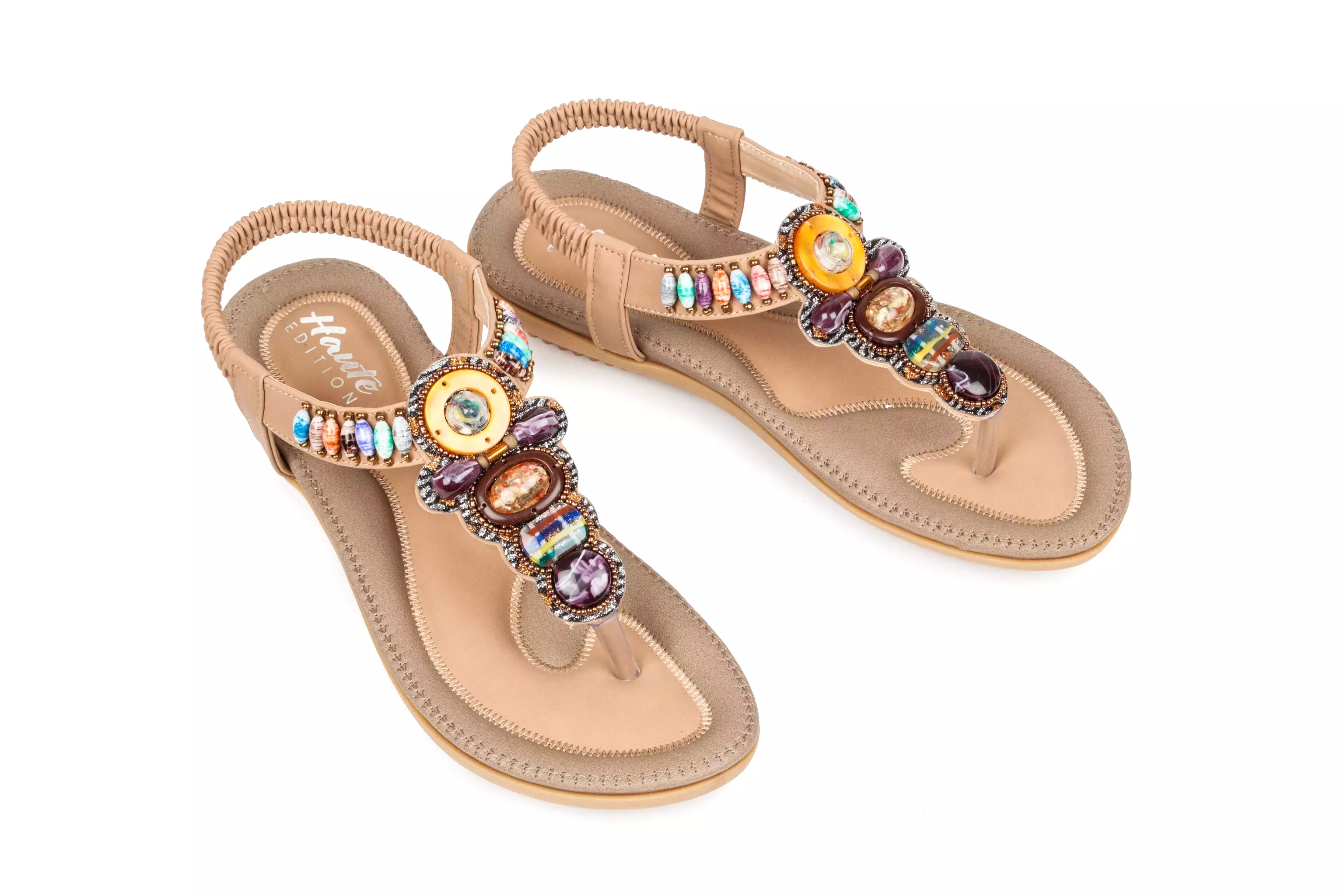 Haute Edition Women's Bohemian Beaded Elastic Slip on Comfort Sandals