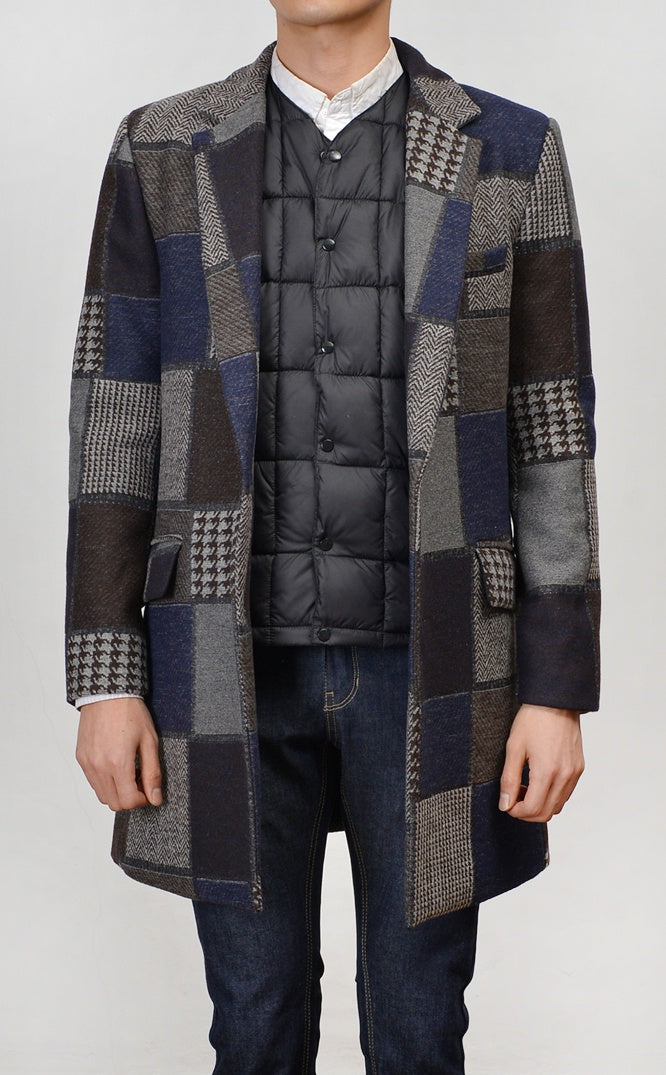 Navy Patchwork Checkered Single Breasted Two Button Wool Blend Coats