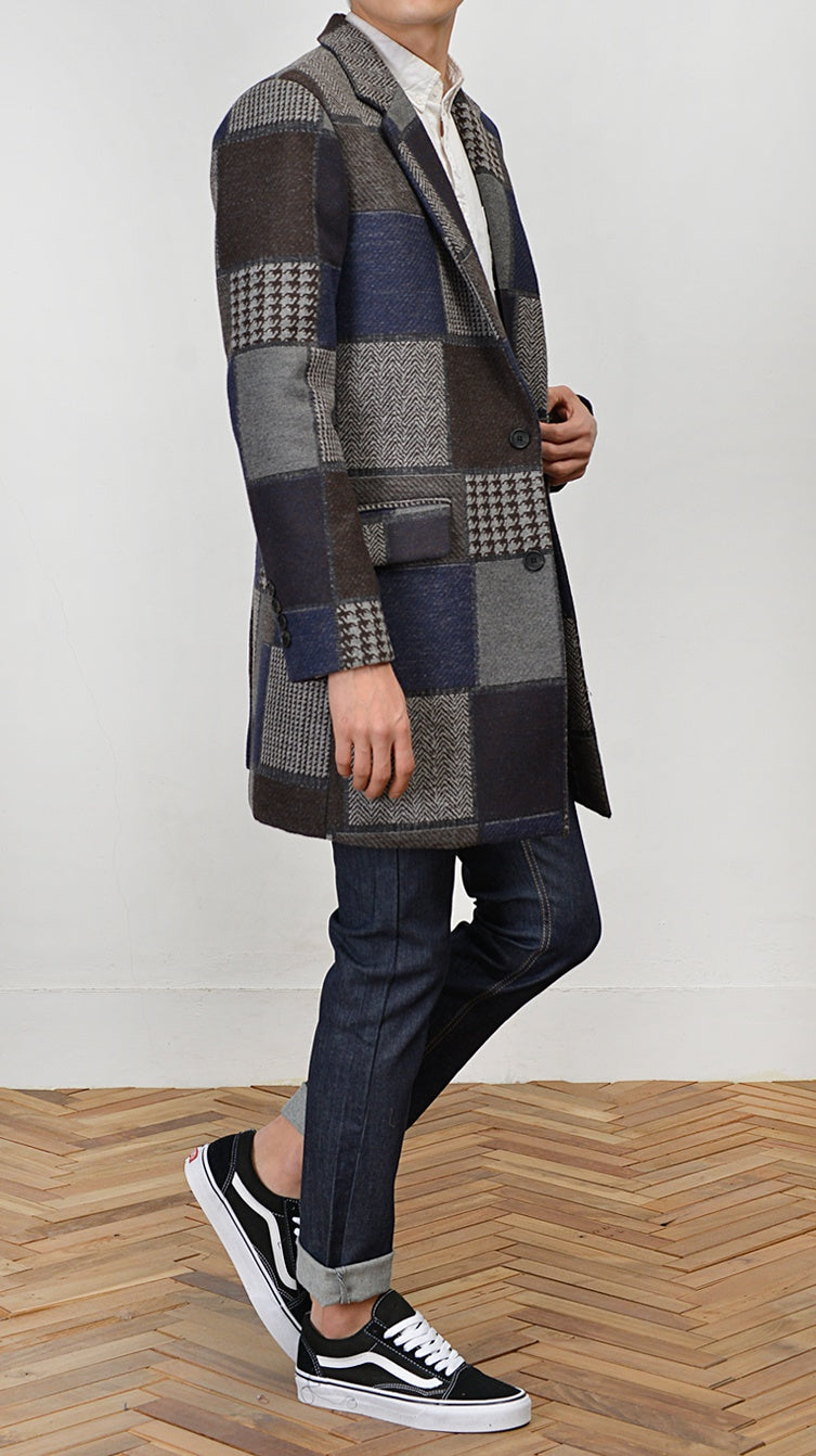 Navy Patchwork Checkered Single Breasted Two Button Wool Blend Coats