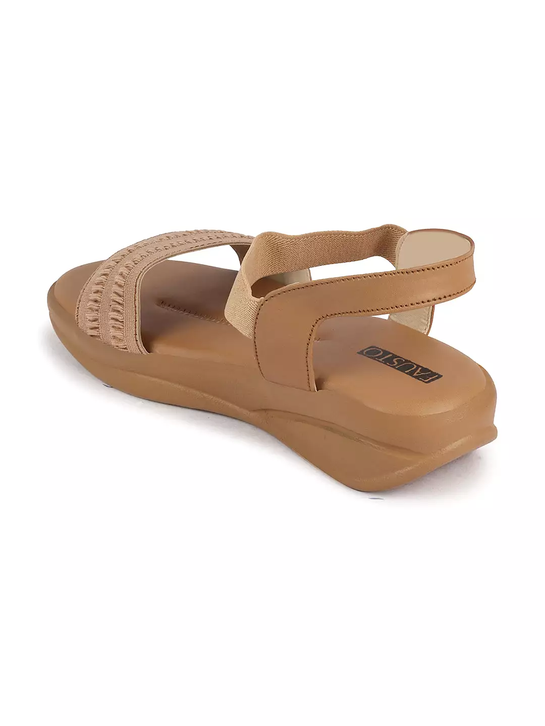 Women Camel Open Toe Platform Woven Design Slip On Sandals