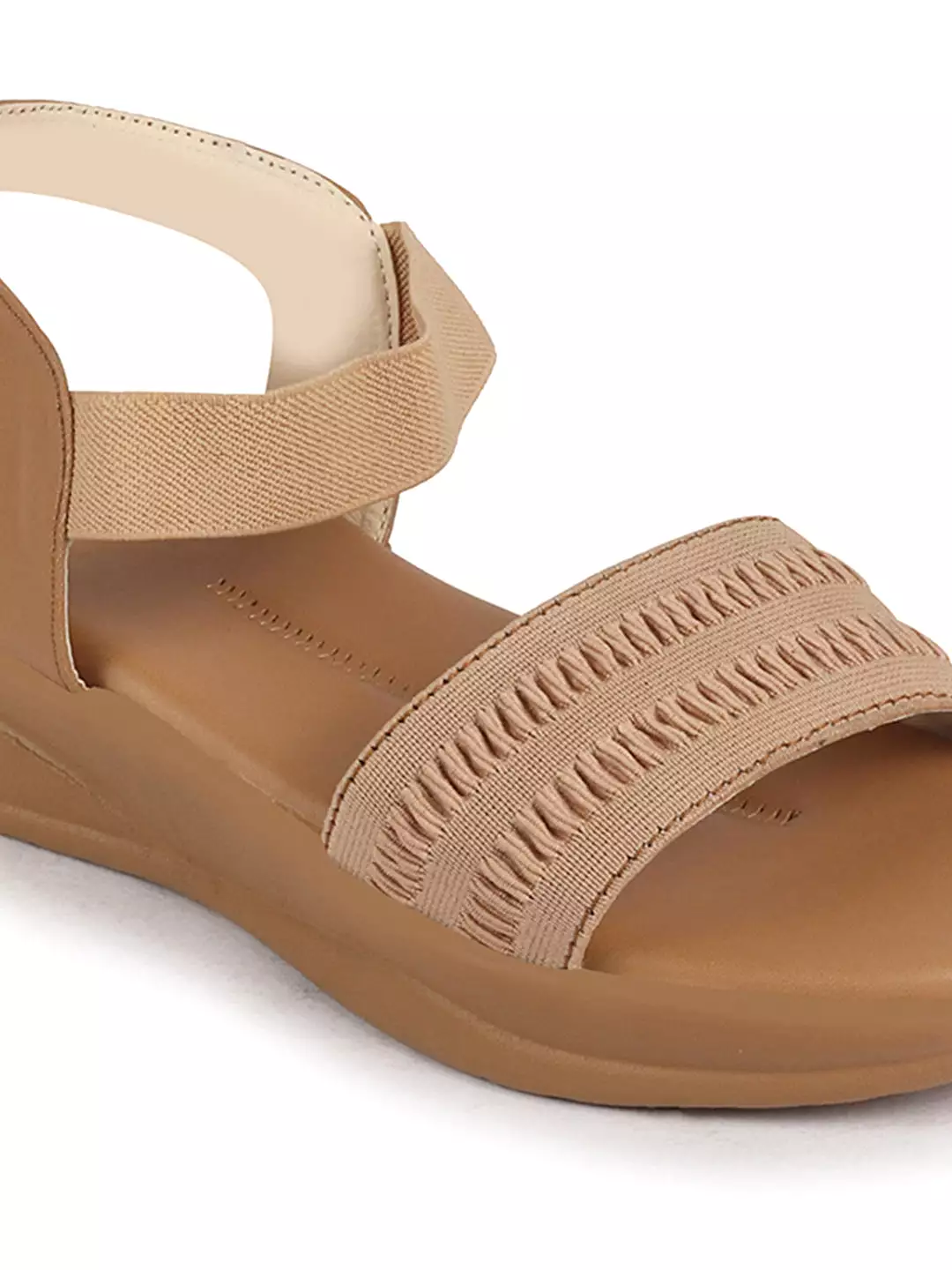 Women Camel Open Toe Platform Woven Design Slip On Sandals