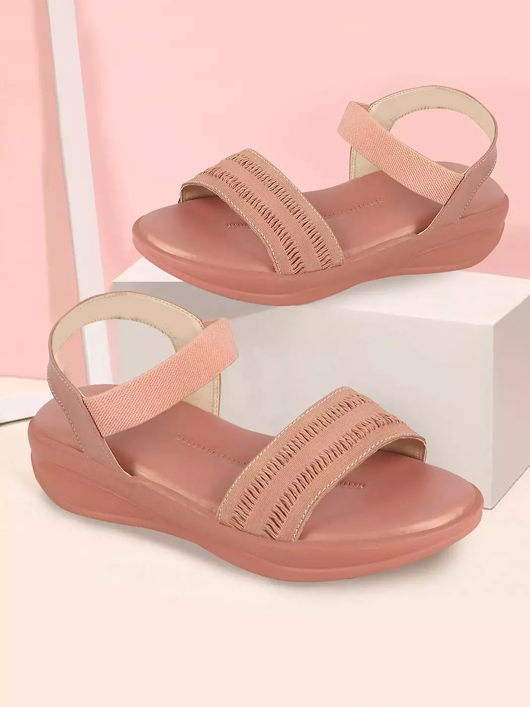 Women Pink Open Toe Platform Woven Design Slip On Sandals