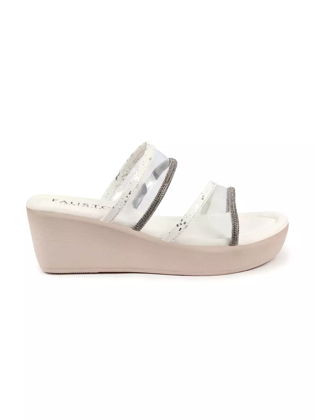 Women White Embellished Double Strap Slip On Wedge Sandal For Wedding|Party