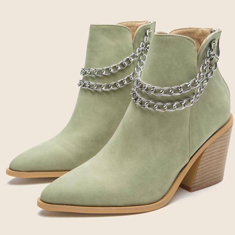 Women's Chain Zipper Back Chunky Heel Boots