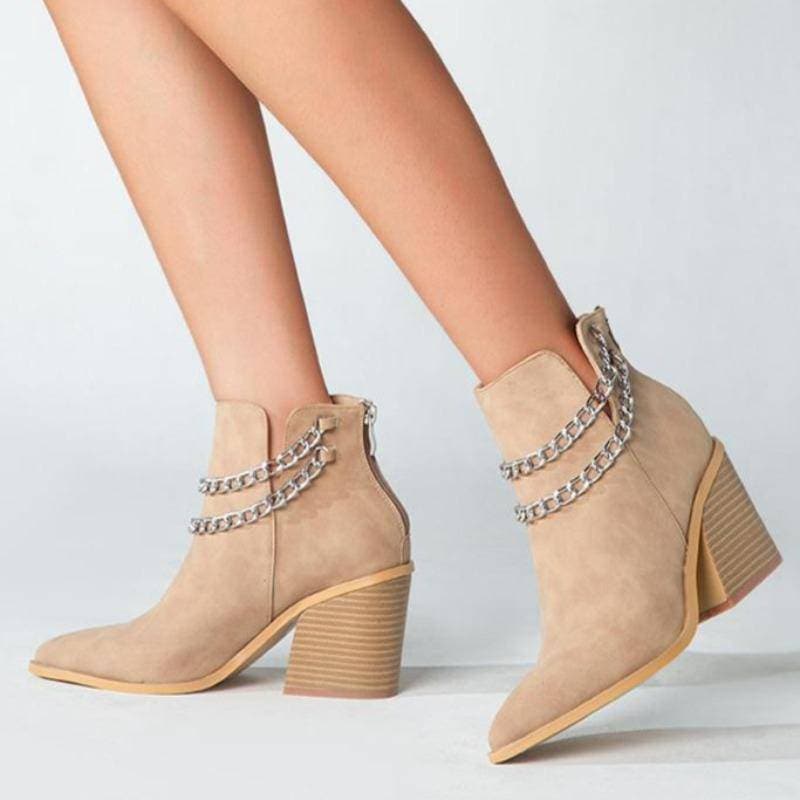 Women's Chain Zipper Back Chunky Heel Boots