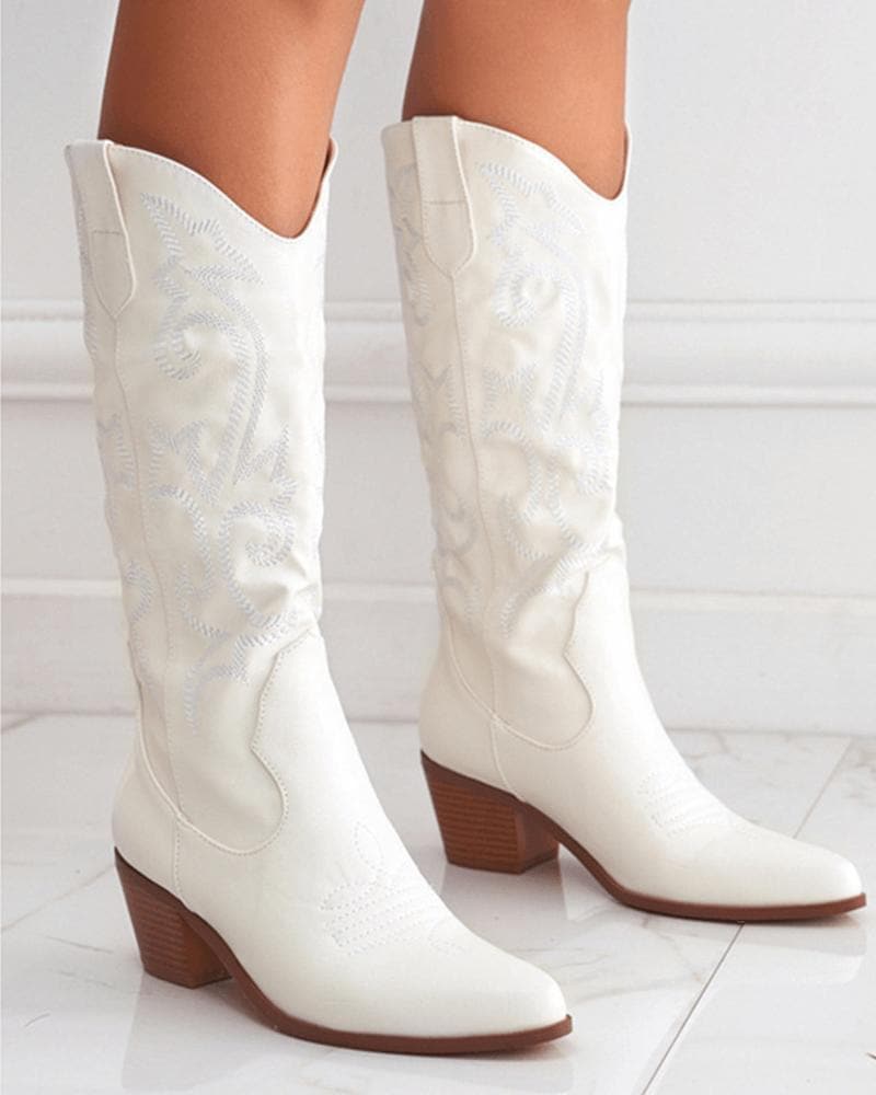 Women's Embroidery Chunky Cowboy Boots