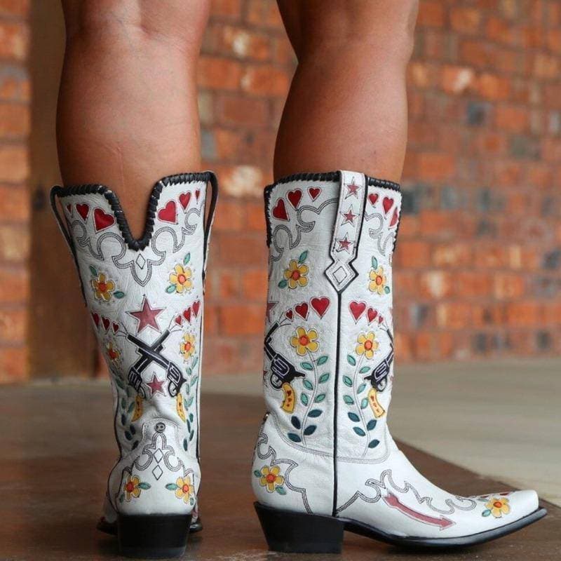 Women's Embroidery Pointed Toe Chunky Heel Western Cowboy Boots