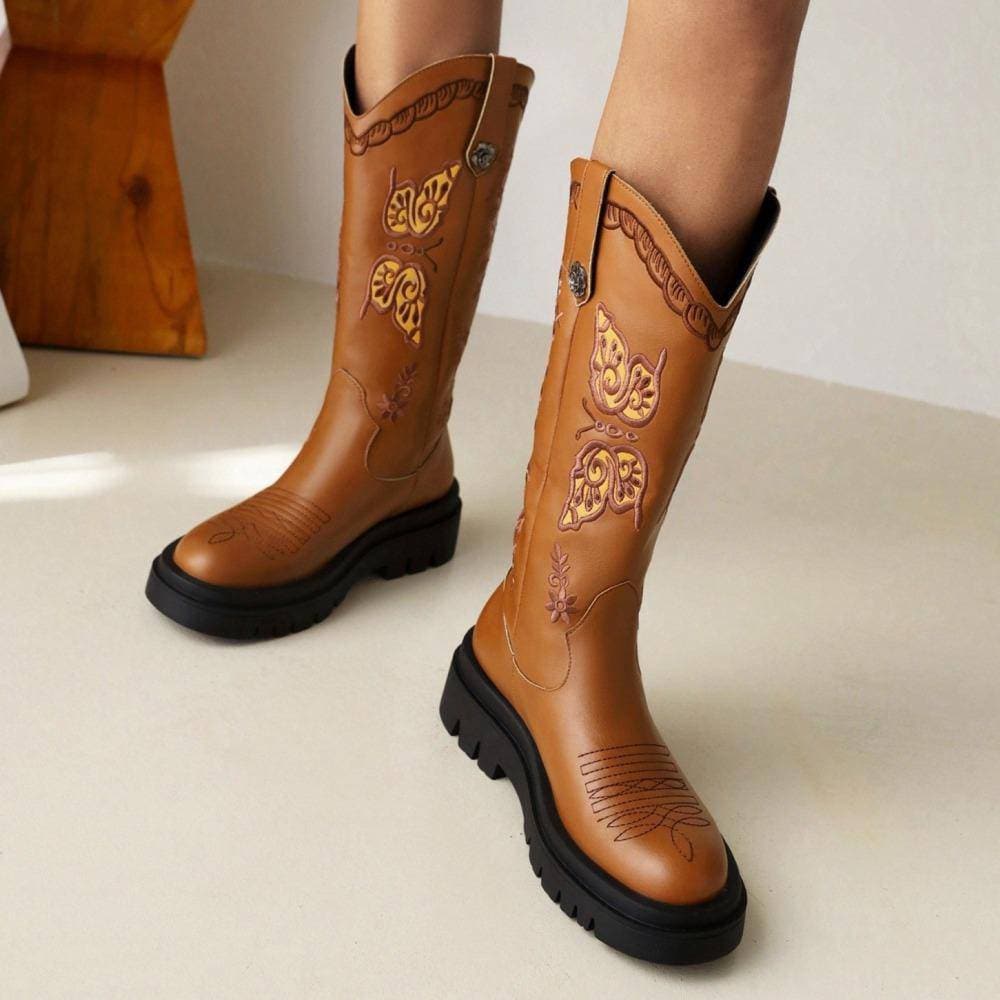 Women's Embroidery Wedge Platform Western Cowboy Boots