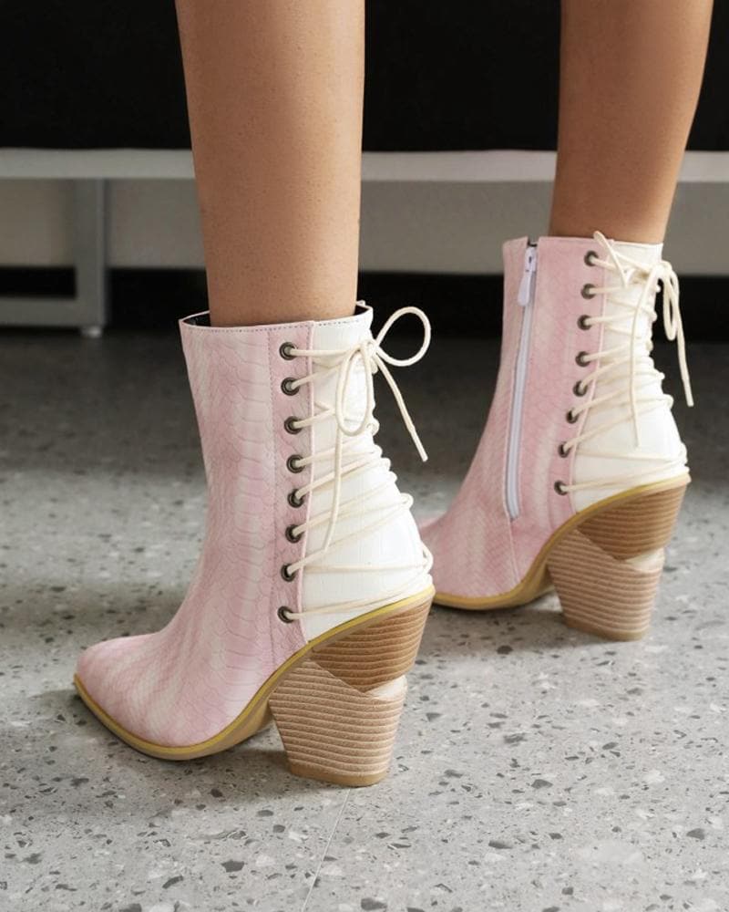 Women's Fashion Color-Blocking Zipper Chunky Heel Boots