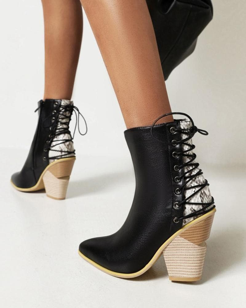 Women's Fashion Color-Blocking Zipper Chunky Heel Boots