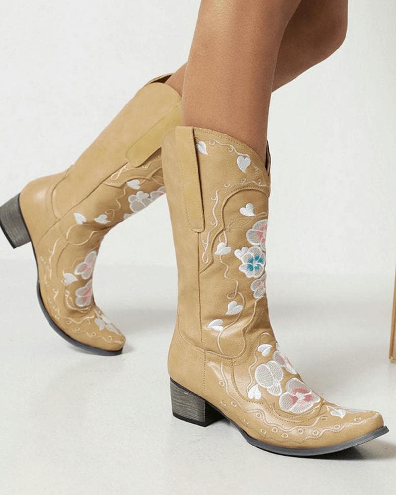 Women's Fashion Embroidery Chunky Heel Cowboy Boots