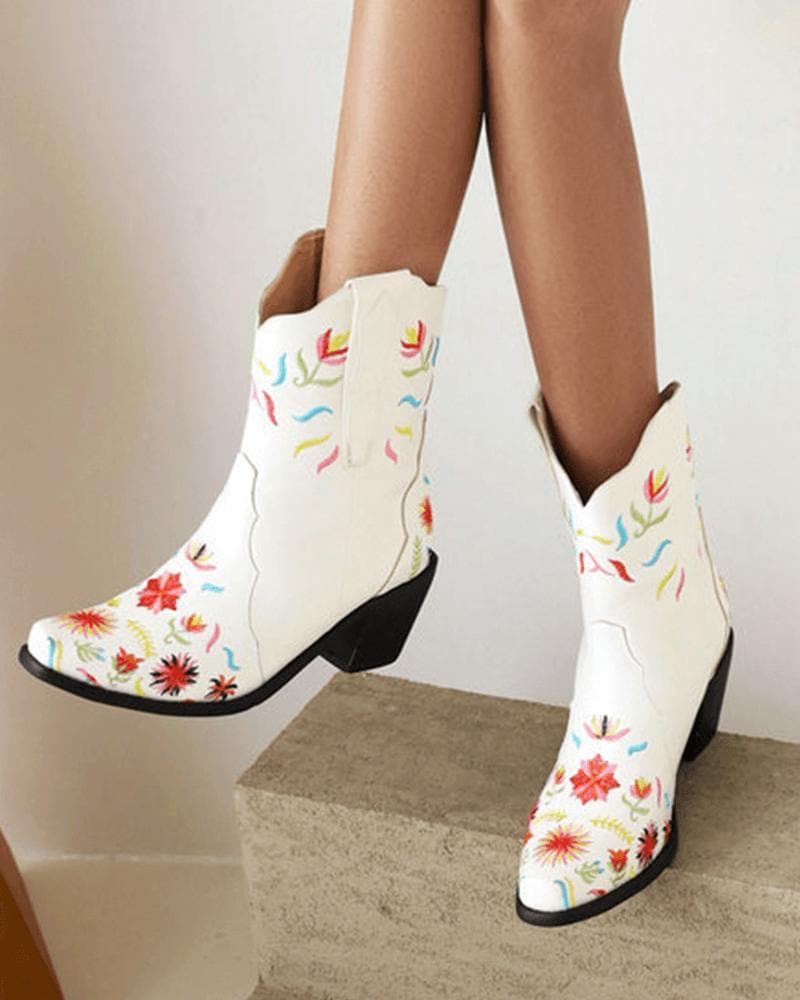 Women's Fashion Floral Embroidery Chunky Heel Cowboy Boots