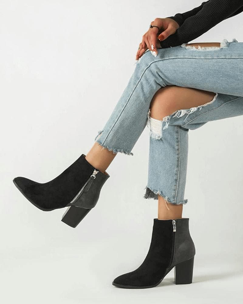 Women's Fashion Outdoor Color-Blocking Zipper Chunky Heel Ankle Boots