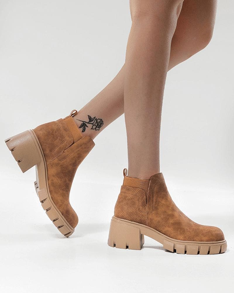 Women's Fashion Outdoor Solid Color Lace-up Chunky Heel Ankle Boots