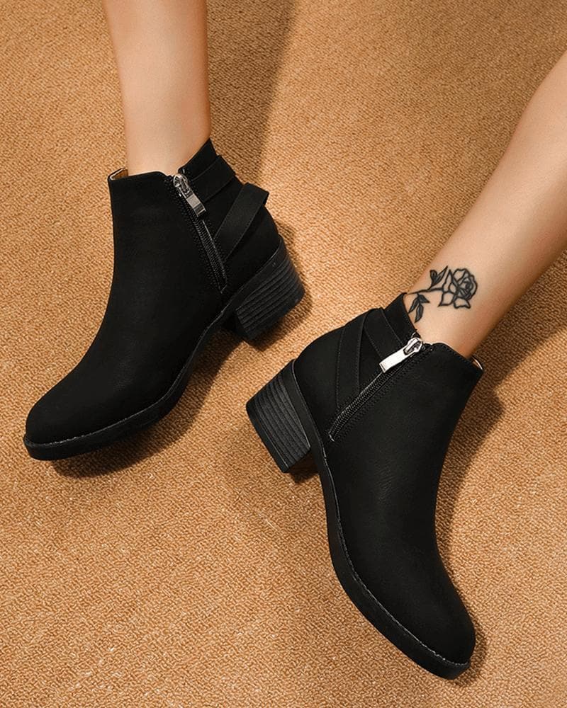 Women's Fashion Outdoor Solid Color Round Toe Chunky Heel Ankle Boots