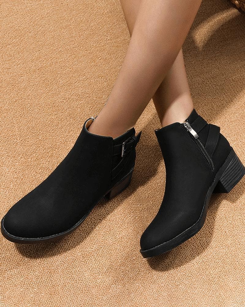 Women's Fashion Outdoor Solid Color Round Toe Chunky Heel Ankle Boots