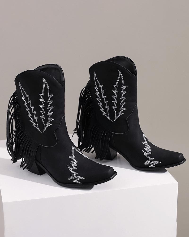 Women's Fashion Web celebrity style Floral Embroidery Tassel Ankle Boots