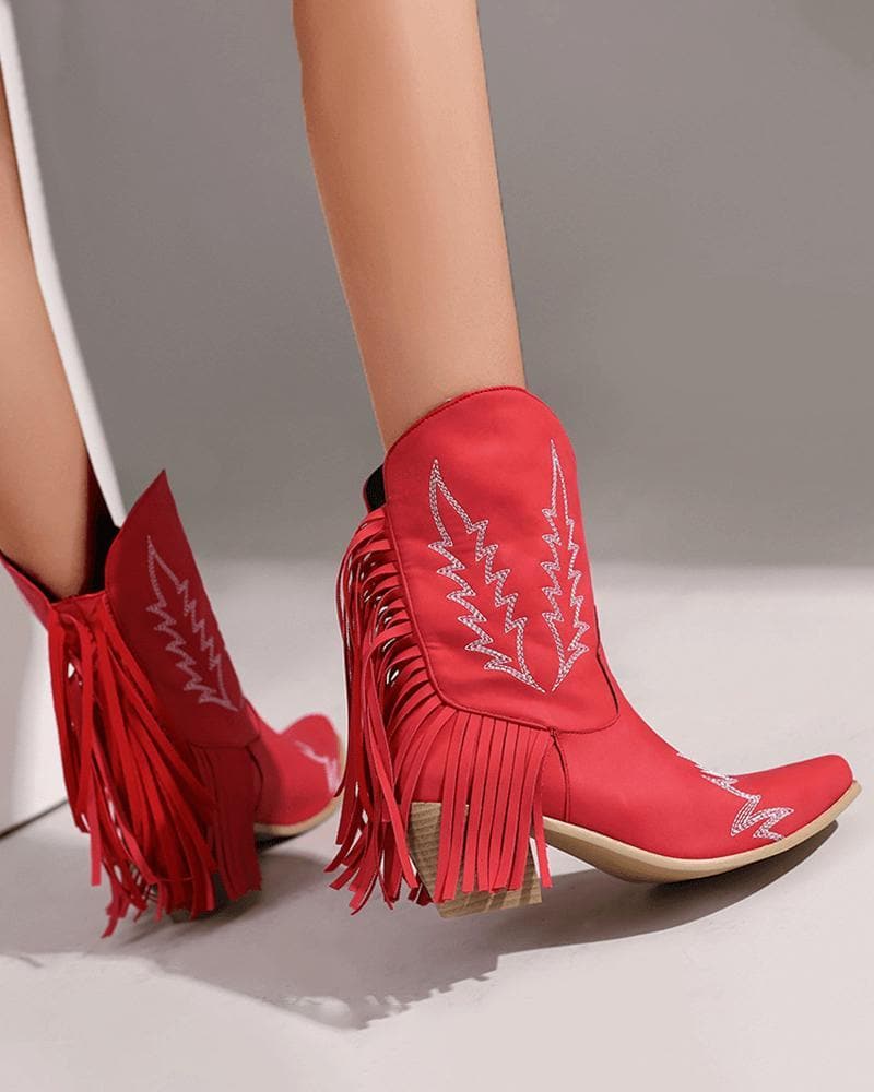 Women's Fashion Web celebrity style Floral Embroidery Tassel Ankle Boots